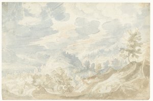 Fjelllandskap med utsikt over en dal (av Donau?) og et kirketårn