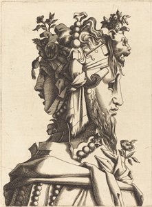 Byste av en kvinne i et ekstravagant kostyme av French 16th Century after René Boyvin or Pierre Milan
