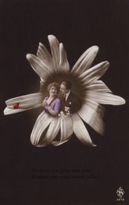 Et ungt par i midten av en blomst med marihøne (tonet fotokollasje) av French Photographer