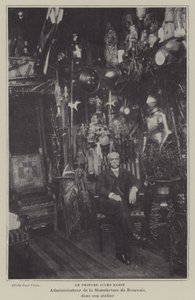Den franske maleren Jules Badin, leder av Beauvais Tapestry Manufacture, i verkstedet sitt (s/hv-bilde) av French Photographer