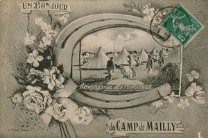 Hei fra Camp de Mailly - fylling av halmmadrasser. Postkort sendt i 1913. av French Photographer