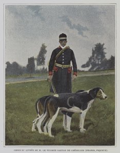 Hund og jeger i livery av jakten på Vicomte Gaetan de Chezelles, Frankrike (fargebilde) av French Photographer