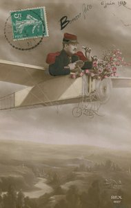 Postkort av en flyger som leverer blomster, sendt 6. juni 1913 (håndfarget bilde) av French Photographer