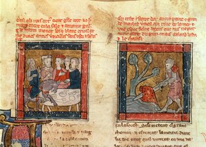 184 Fr.110 f.405 Galahad kommer til Arthur og Galahad trekker sverdet fra den flytende steinen i elven ved Camelot, ca. 1250-80 (se også 150479) av French School
