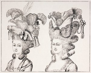 Franske jenter fra 1700-tallet med ekstravagante hårstiler og hatter, 1875 av French School
