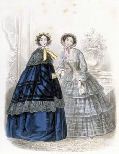 2 fasjonable kvinner: i antrekk - i "" Journal des Demoiselles"" 1852 (gravering) av French School