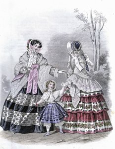 2 fashionable women with a girl on a walk - in “Journal des Demoiselles”” 1852. av French School