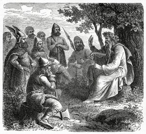 En Bard resiterer til nordmenn, ca. 1882 (tregravering) av French School
