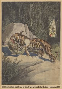 En britisk offiser, båret av en tiger, finner styrken til å drepe dyret med pistolen sin (farge litho) av French School