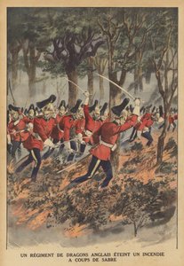 Et britisk regiment av drager som bruker sverdene sine for å slukke en brann (farge litho) av French School
