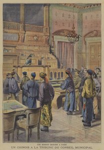 Et kinesisk oppdrag til Paris: en av de kinesiske delegatene ved podiet til byrådet (farge litho) av French School