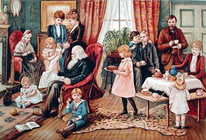 En familie tar te, ca. 1900 (farge litho) av French School
