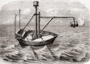 Et gresk brannskip, etter en tegning i et latinsk manuskript fra 1200-tallet, fra Les Merveilles de la Science, utgitt ca. 1870 (gravering) av French School