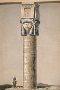 En søyle med Hathor-hode ved Dendarah, illustrasjon Beskrivelser av Egypt av Edmonde Francois Jomard (1777-1862) utgitt 1809-22 (wc på papir) av French School