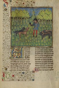 En jeger som trener hunder for å svare på et horns kall, ca. 1430-40 (tempera, gull- og sølvmaling og bladgull på pergament) av French School