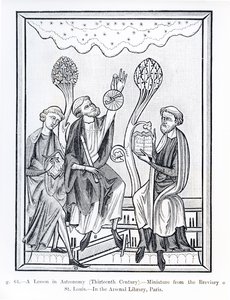 A Lesson in Astronomy, fra Breviary of St. Louis, illustrasjon fra Science and Literature in the Middle Ages and the Renaissance, skrevet og gravert av Paul Lacroix, 1878 (bw foto av French School