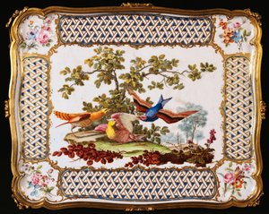 Et Louis XV Sevres-brett dekorert med tre eksotiske fugler i et landskap, som danner toppen av et bord en kafé, 1761 av French School