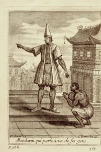 En mandarinmann som snakker med en av sine folk, fra Voyage du Siam des Peres Jesuites av Guy Tachard, 1688 av French School