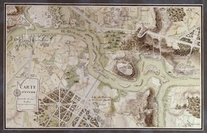 Et kart inspirert av Candide av Francois Voltaire (1694-1778) for en konkurranse arrangert av Ecole Nationale des Ponts et Chaussees i Paris, sent på 1700-tallet (penn og blekk og wc på papir)