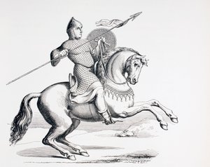 En normannisk ridder kledd i ringbrynje og hjelm som bærer spyd og skjold, 1873 av French School
