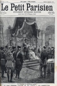 A Proposal for General Disarmament (made to the European Powers) - Tsar Nicholas II (1868-1918) reading his recript to his advisers. Le Petit Parisien av French School