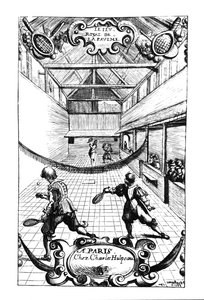 Et kongelig tennisspill i Jeu de Paume, Versailles, utgitt av Charles Hulpeau av French School