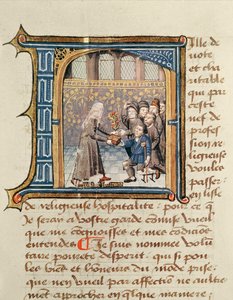 En søster som mottar gaver fra pasienter, fra Le Livre de Vie Active de lHotel Dieu de Paris av Jean Henry, ca. 1482 av French School