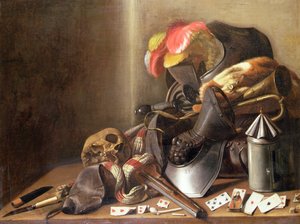 A Vanitas Still Life with a Skull, Playing cards and Armour, ca. 1650 (olje på lerret) av French School