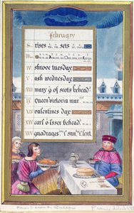 Et viktoriansk kalenderark for februar med en illustrasjon fra Anne de Bretagnes timebok (1488-1514) av French School