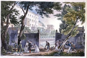 En villa i Roma, gravert av Villain, ca. 1820 (farge litho) av French School