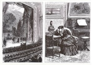 En kvinne som lytter til en operaforestilling i sitt eget hjem ved hjelp av Ader-Bell-telefonen og Aders-arrangement for musikkoverføring, fra Les Nouvelles Conquetes de la Science av Louis Figuier, av French School