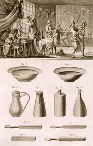 En frisørsalong og barberverktøy, fra Encyclopedie des Sciences et Metiers av Denis Diderot (1713-84) utgitt ca. 1770 av French School