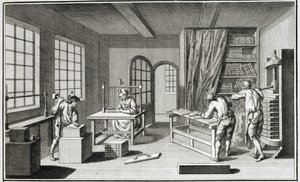 Et bookmakerverksted, fra Encyclopedie des Sciences et Metiers av Denis Diderot (1713-84) utgitt ca. 1770 av French School