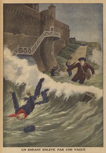 Et barn revet med av en bølge (farge litho) av French School