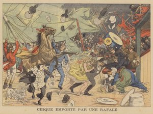 Et sirkustelt ført bort av et vindkast (fargelitografi) av French School