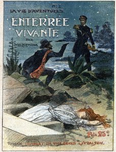 Et kriminell våpen med en pistol truer en lovmann som fanget ham mens han våget å begrave en kvinnes kropp. Illustrasjon for "" Living Burial"" av Jules Lermina (1839-1913). En av avisene "Life of Adventures". Gravering i "" Journal des Voyages"" av av French School