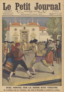 En dødelig duell på scenen til et teater i Spania (farge litho) av French School