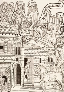 En døende synder omgitt av sin familie og to djevler hvisker i øret hans, side fra 1400-tallets tekst Ars Moriendi eller The Art of Dying, fra Les Artes au Moyen Age, publisert 1873 av French School