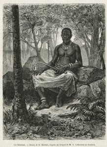 En fetisjist, trollmann i stand til å bruke fetisjenes magiske kraft, tegning av D. Maillart, for å illustrere historien om en reise til Gabon og Ogoue-elven, i 1875–1877, av Alfred Marche. Gravering i Le tour du monde av French School