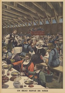 En fin bryllupsfest i Bretagne (farge litho) av French School
