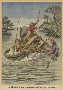En fisker faller over en krokodille etter at den kantret båten hans (farge litho) av French School