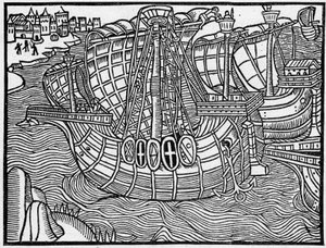 En flåte på 1400-tallet, etter en gravering av "Vergier Dõhonneur". Gravering i «La Marine et les colonies: handel» av French School