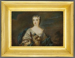 En dame kalt Louise-Jeanne de Durfot, Duchesse de Mazarin et de la Meilleraye, ca. 1750 (akvarell på elfenben) (se også 1630586) av French School