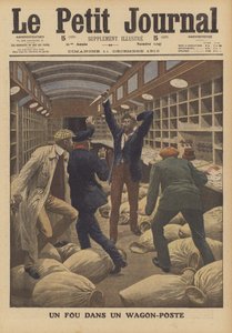 En galning i en postvogn på et tog som ankommer Paris (farge litho) av French School