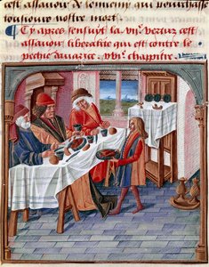 En mann deler bordet sitt med en fattig trengende Miniatyr hentet fra «Le livre de bonnes moreurs de Jacques Legrand» 1490 Chantilly, Musee Conde av French School