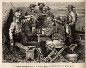 Et måltid av tjenestemennene for misjonen i 1872, på leirplassen, før den første feltrekognoseringen, gravert etter tegningen av G. Massias, som illustrerer et sett med geografiske oppdrag gjennom USAs nasjonalpark, fra 1870 til 1872 , av av French School