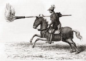 En middelaldersk ridder som bærer en ildlanse, eller ildspyd, et av de første kruttvåpnene i verden, fra Les Merveilles de la Science, publisert ca. 1870 (gravering) av French School