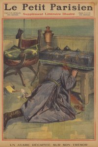 En gnier halshugget av skatten sin (farge litho) av French School