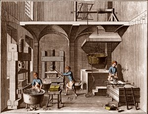 En papirfabrikk - Skrivesaker: Collage - "" The Great Encyclopedia, eller Dictionnaire Raisonne des Sciences, des Arts et des Metiers" (Encyclopedia or Dictionary of the Sciences, Arts and Professions) av Denis Diderot (1713-1784) og Jean d