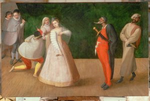 En forestilling av Commedia dell#39;Arte … (maleri på lerret) av French School